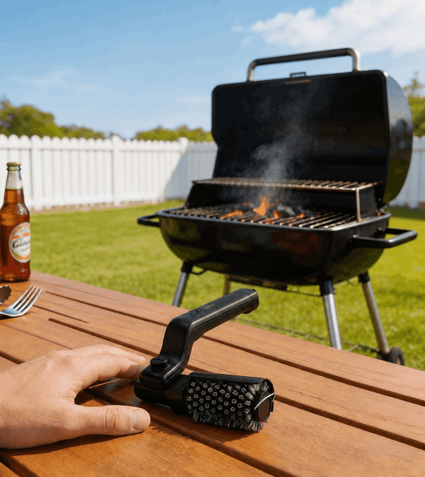 GrillWizz Grill Cleaner is on a table near a BBQ Grill